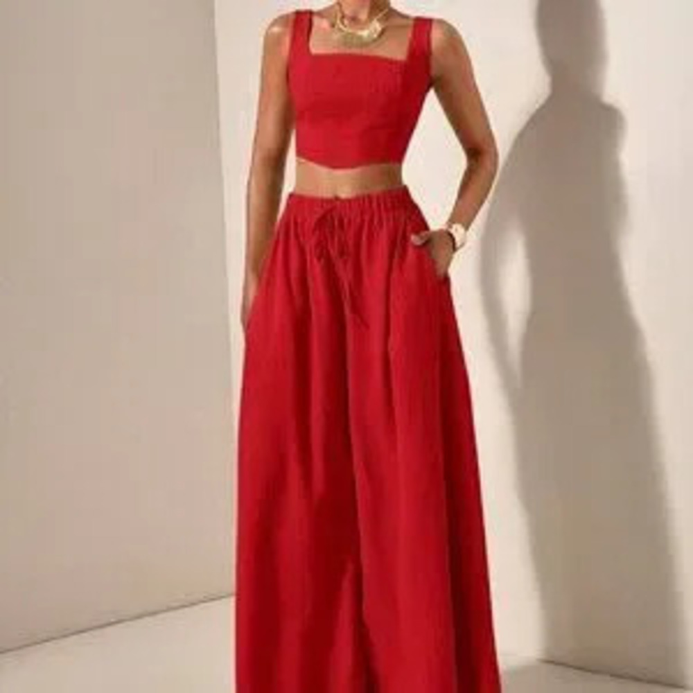 Red womens crop top & flowy wide legged pants textured fabric coord set